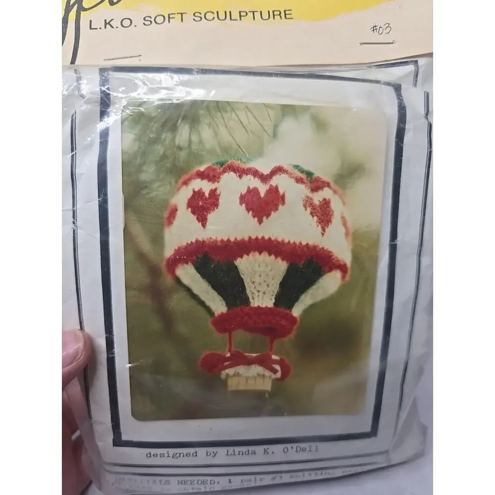 Vintage L.K.O. Soft Sculpture Knitted Hot Air Balloon Ornament Set of Two